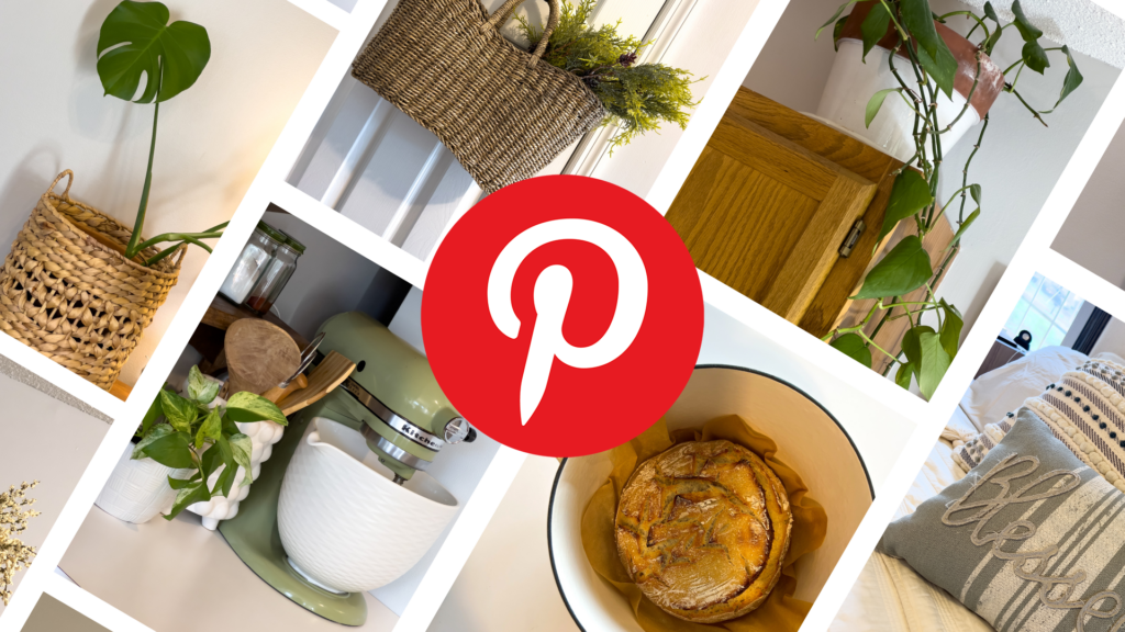 Pinterest Logo On Collage of Vintage Kitchen Aid and Sourdough Bread and Plants