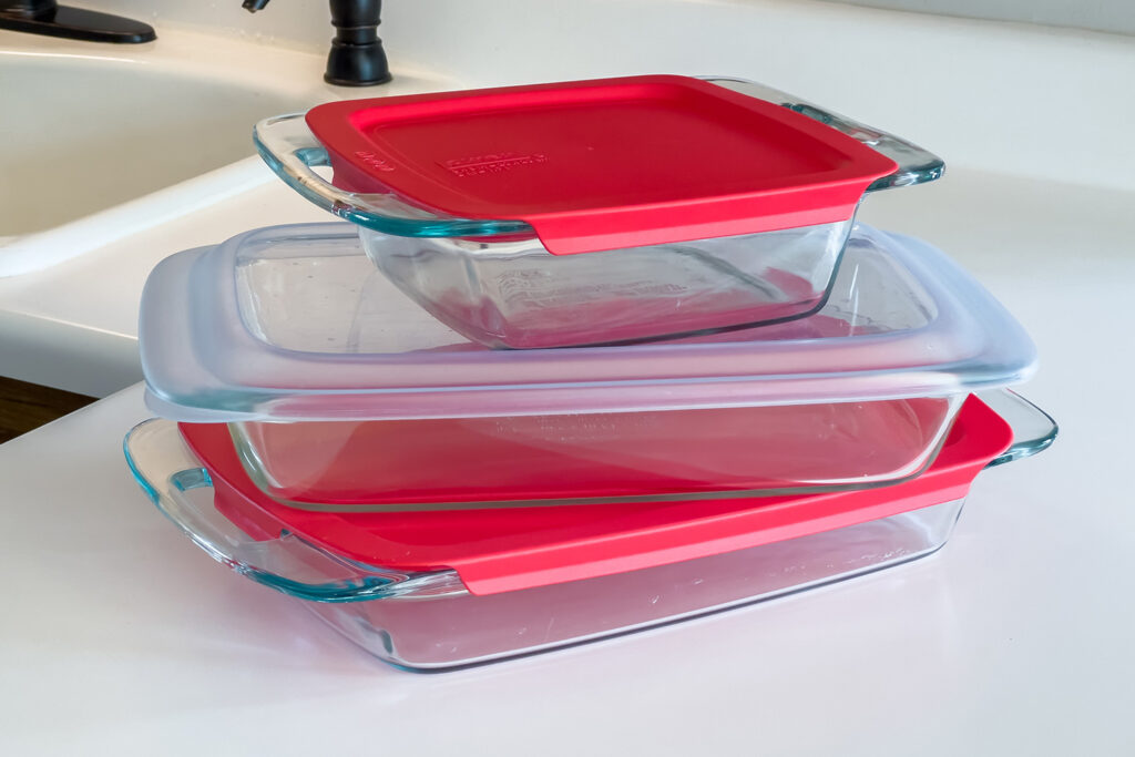a stack of baking dishes