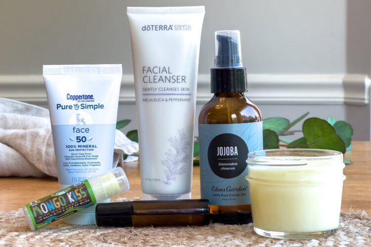 6 all natural skincare routine products sit on the table