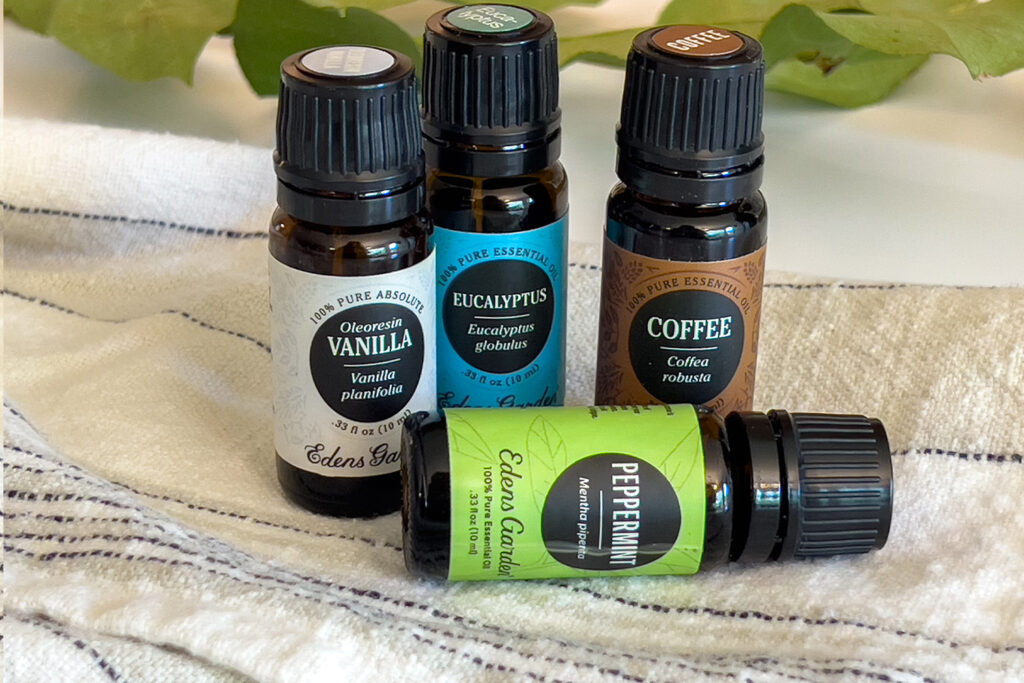 a few essential oils sit on the counter