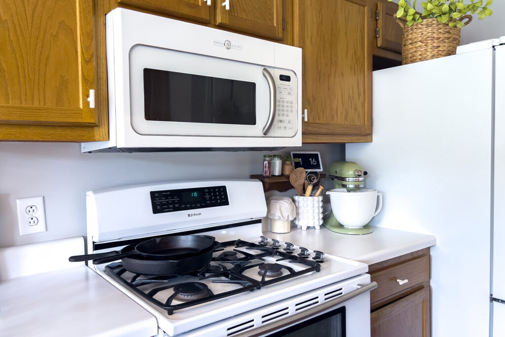 white appliances, including a microwave