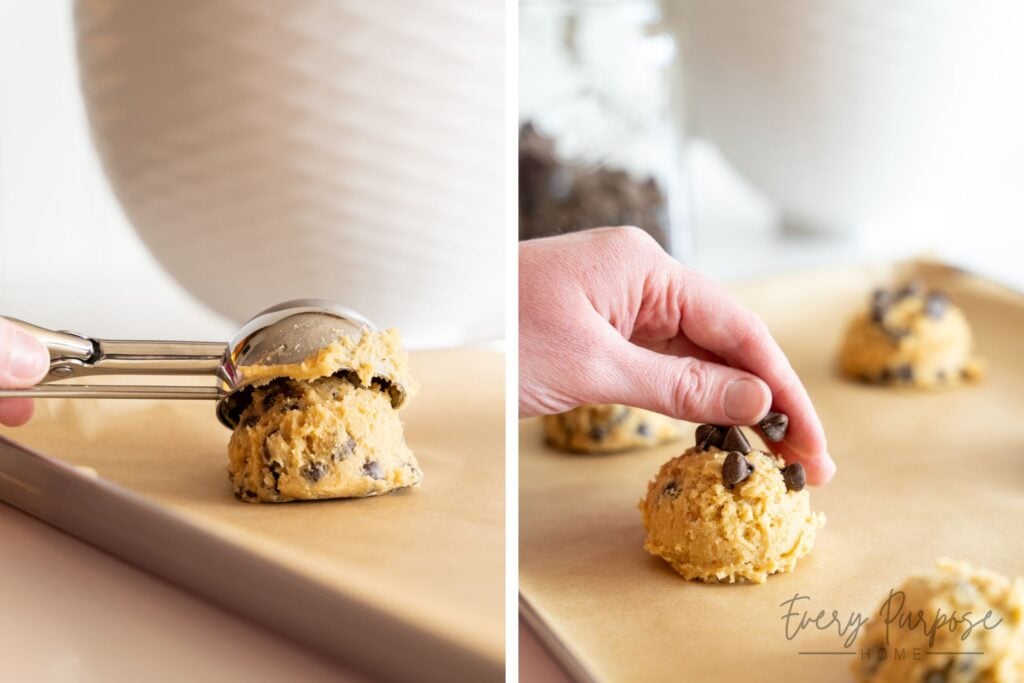 scooping sourdough chocolate chip cookie dough