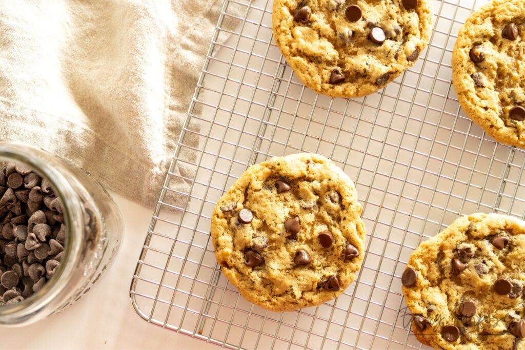 sourdough chocolate chip cookies on cooling rack
