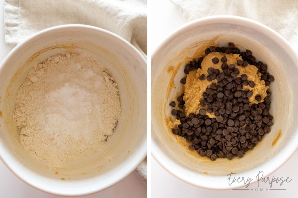 adding dry ingredients to make sourdough chocolate chip cookies