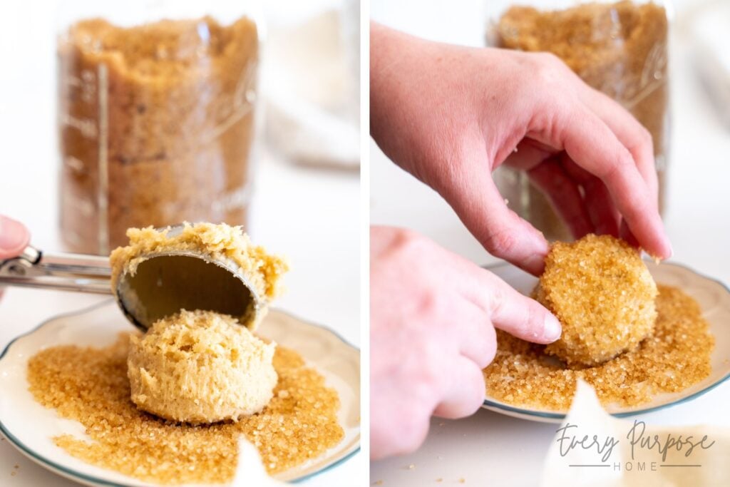 rolling sourdough sugar cookies in crunchy sugar