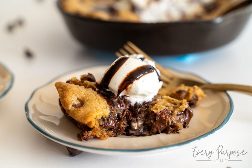 gooey melty chocolate chip skillet cookie with sourdough starter