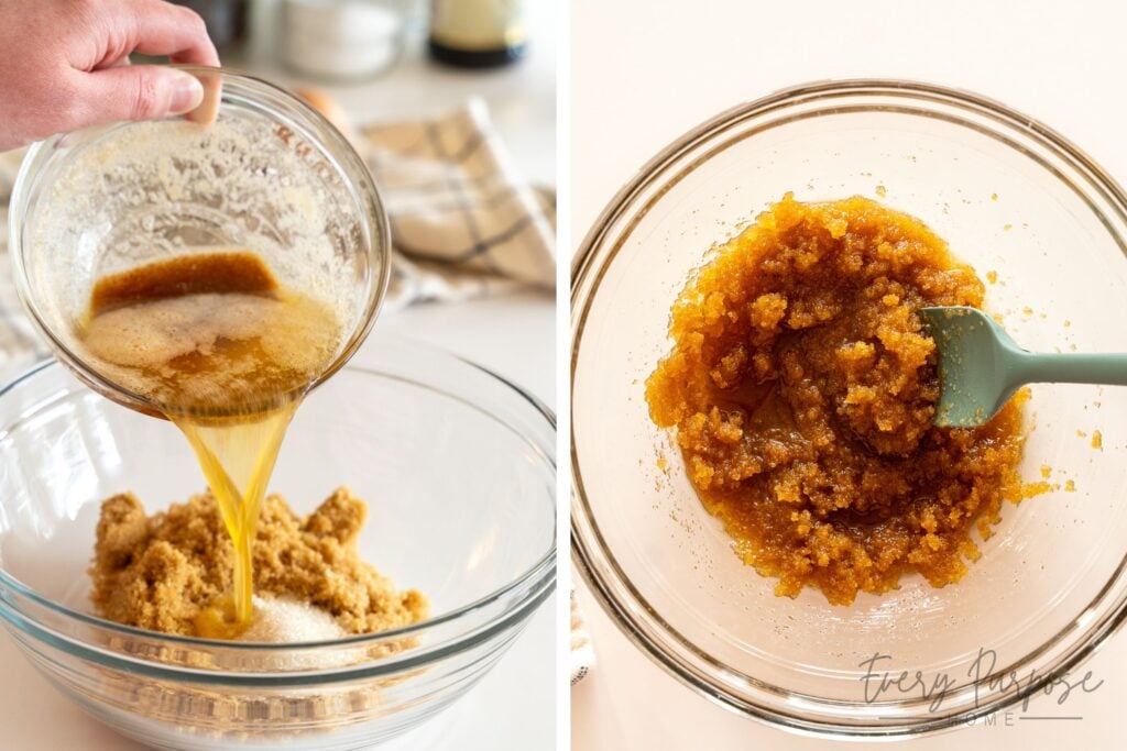 mixing butter and sugars for a skillet cookie