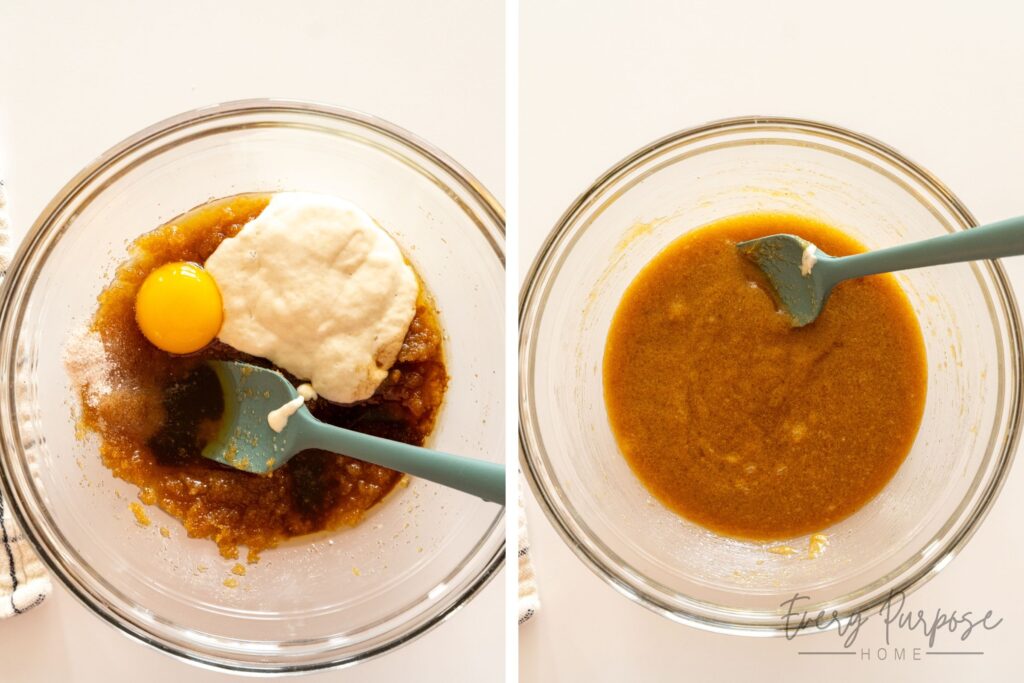 stirring ingredients for a skillet cookie