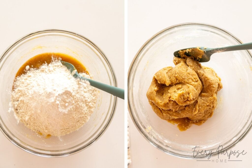 mixing ingredients for sourdough skillet cookie recipe
