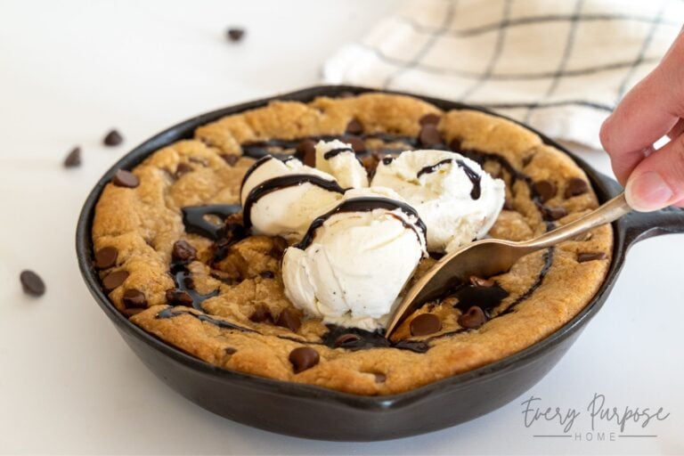 Sourdough skillet cookie topped with vanilla ice cream