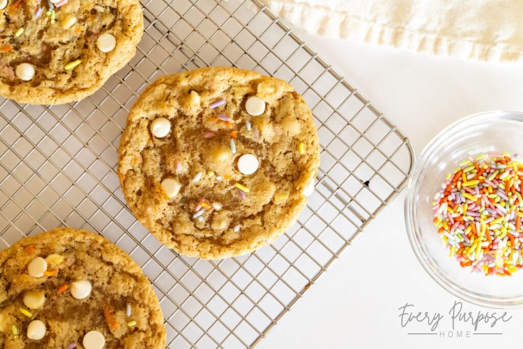 sourdough birthday cake cookies with white chocolate chips