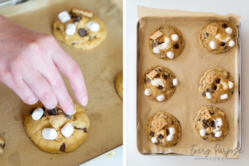 bake sourdough s'mores cookies and top with chocolate and graham crackers and marshmallows