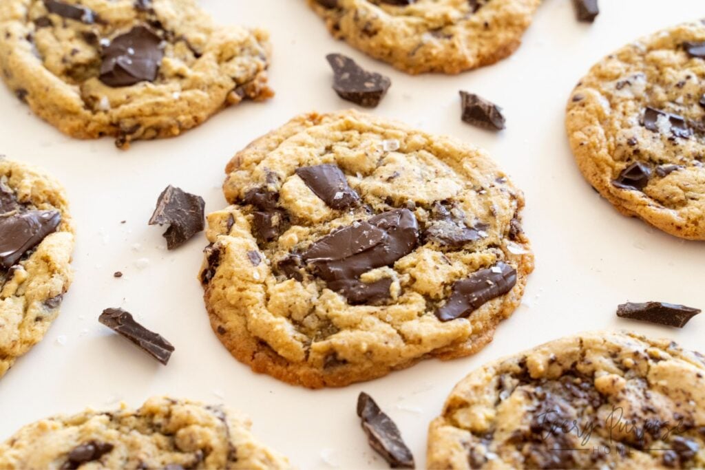gooey sourdough chocolate chip cookies with brown butter and sea salt