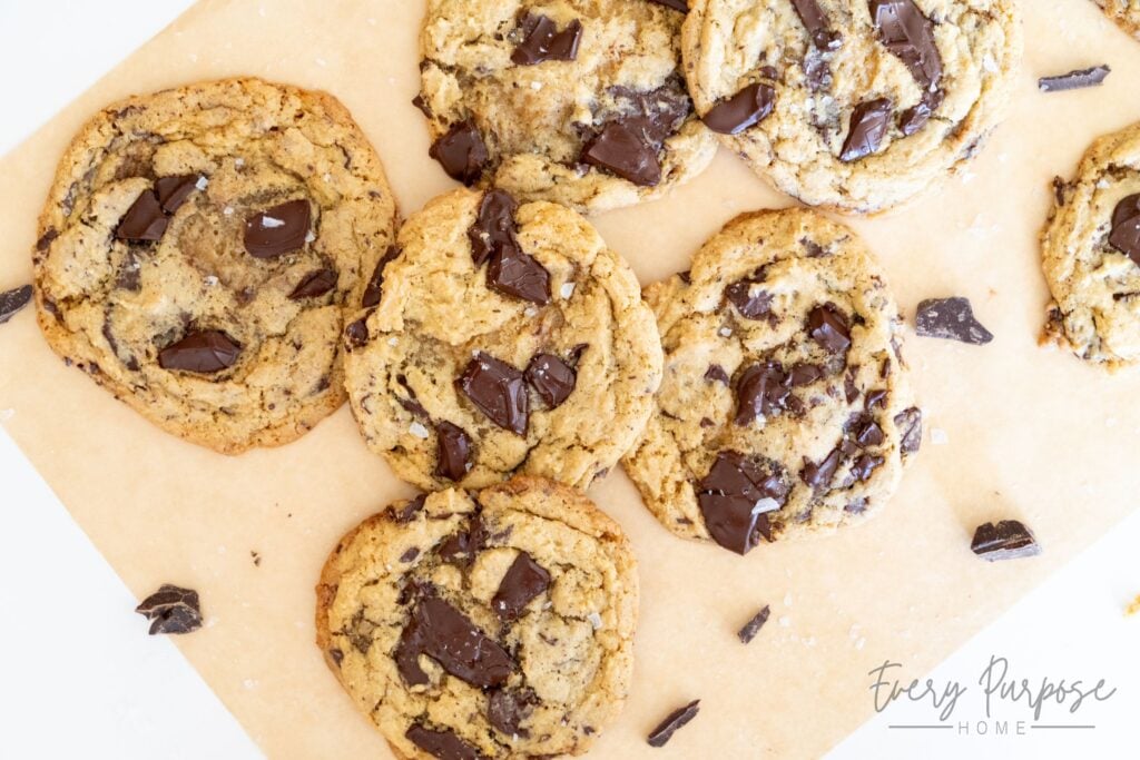 brown butter sourdough chocolate chip cookies with chopped chocolate