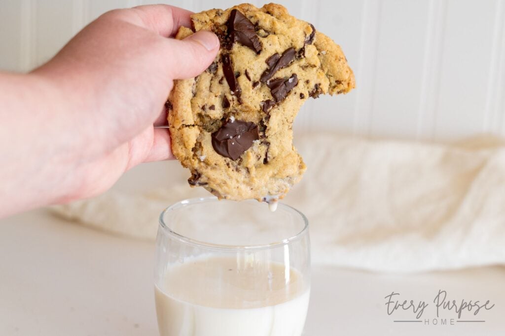 dipping a brown butter sourdough discard chocolate chip cookie in milk