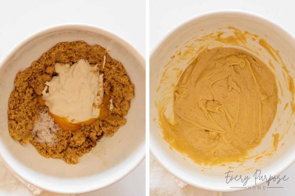 adding wet ingredients to make sourdough chocolate chip cookies with brown butter