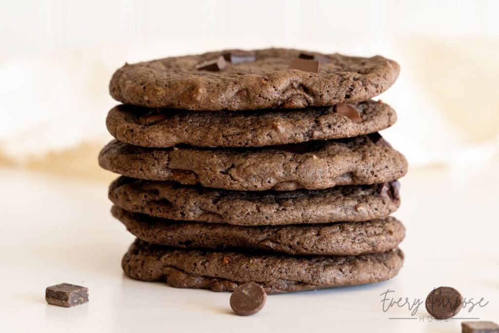 stack of chocolate sourdough cookies (fudgy double chocolate cookie recipe)