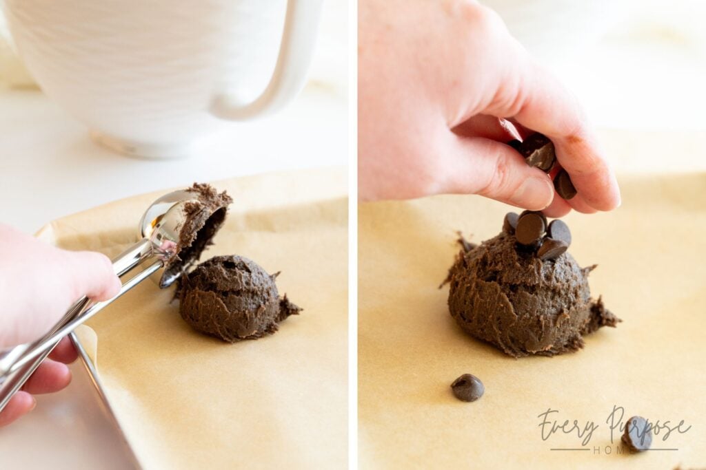scooping double chocolate sourdough cookies that are fudgy and gooey