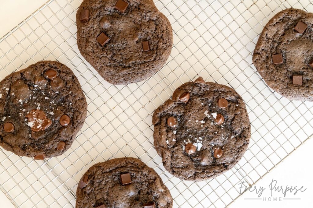 double chocolate sourdough cookies on cooling rack