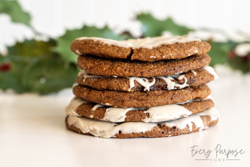 stack of soft sourdough gingerbread cookies with icing