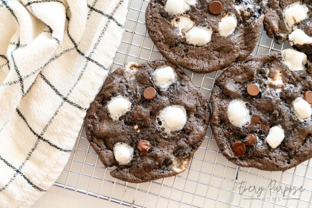 hot chocolate sourdough cookies on cooling rack