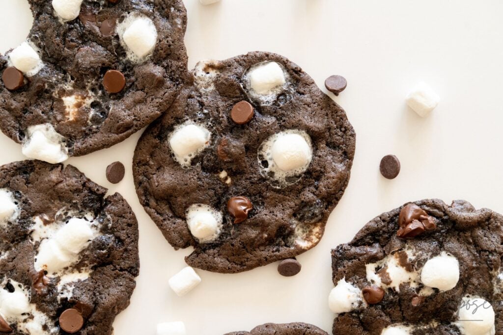 hot chocolate sourdough cookies with marshmallows