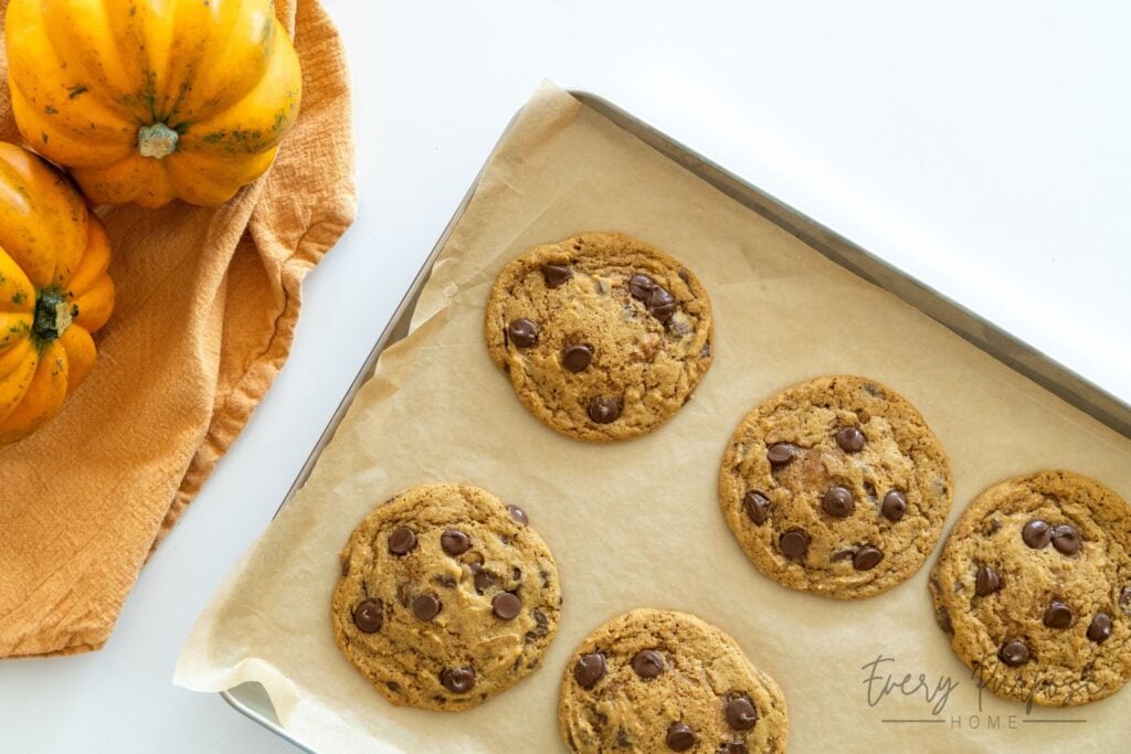 gooey sourdough pumpkin chocolate chip cookies with discard