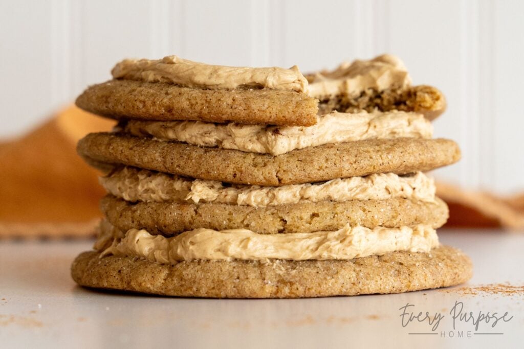 stack of sourdough chai cookies with coffee buttercream