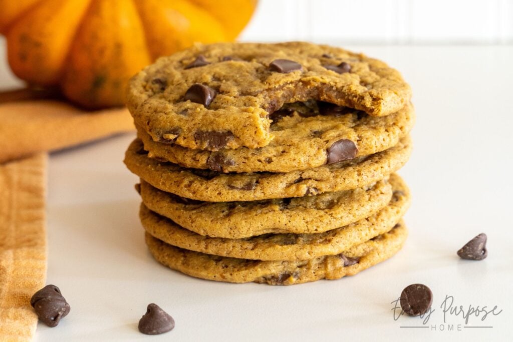 stack of sourdough pumpkin chocolate chip cookies recipe