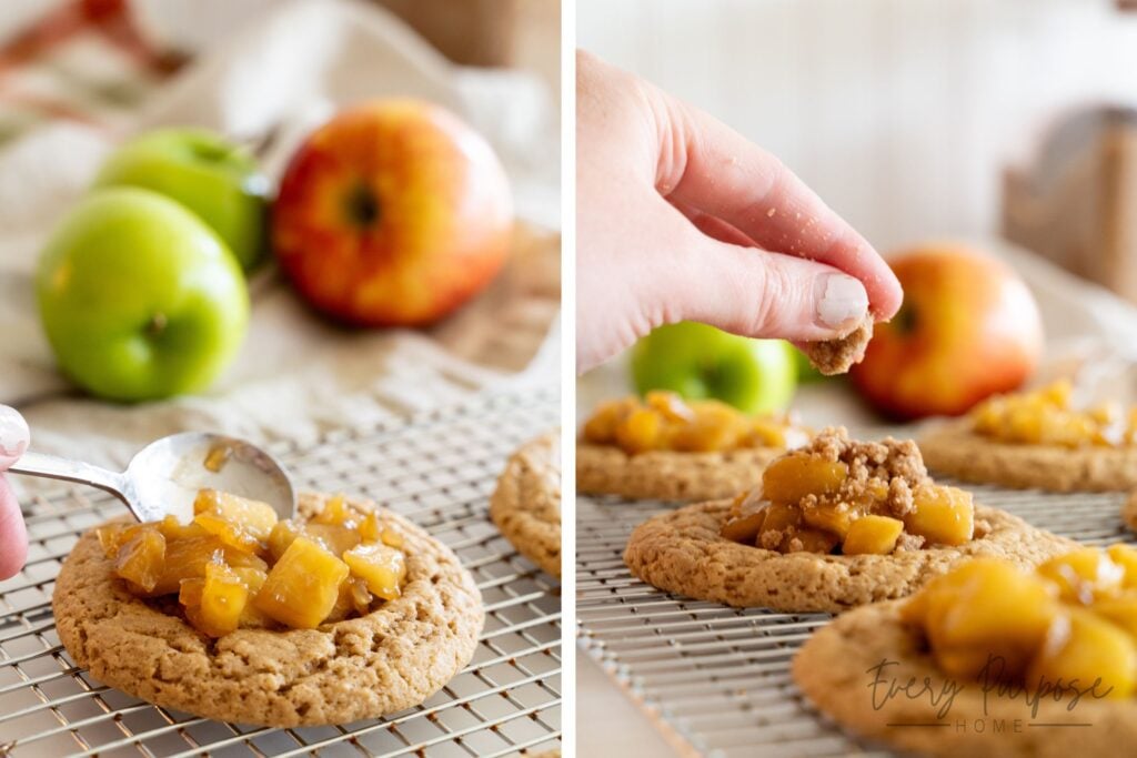 adding filling and streusel to sourdough cookies with apples