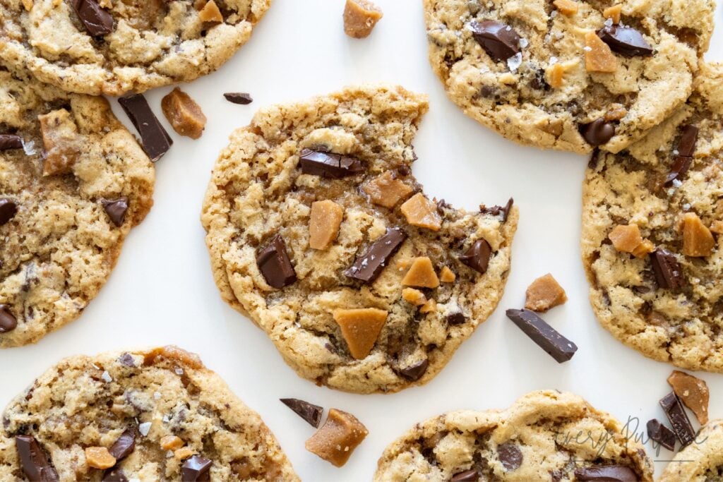 gooey sourdough toffee cookies with chocolate