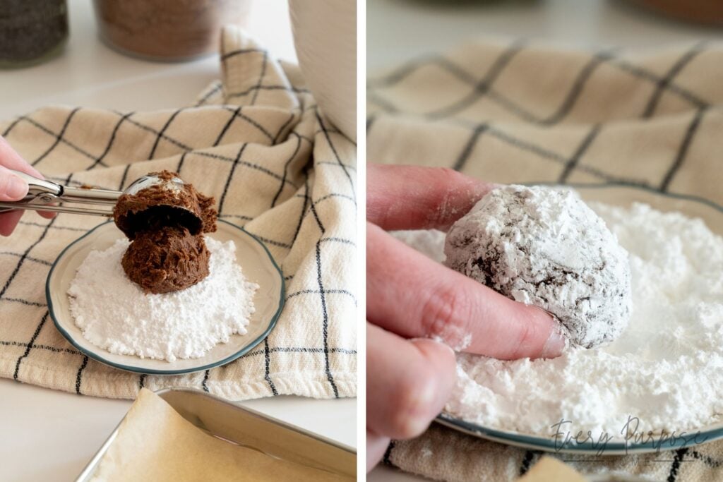 roll chocolate sourdough cookie dough in powdered sugar