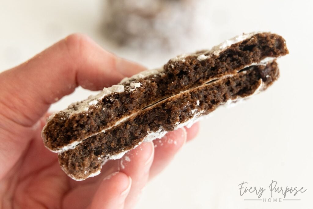 woman holding thick and fudgy sourdough discard chocolate crinkle cookies