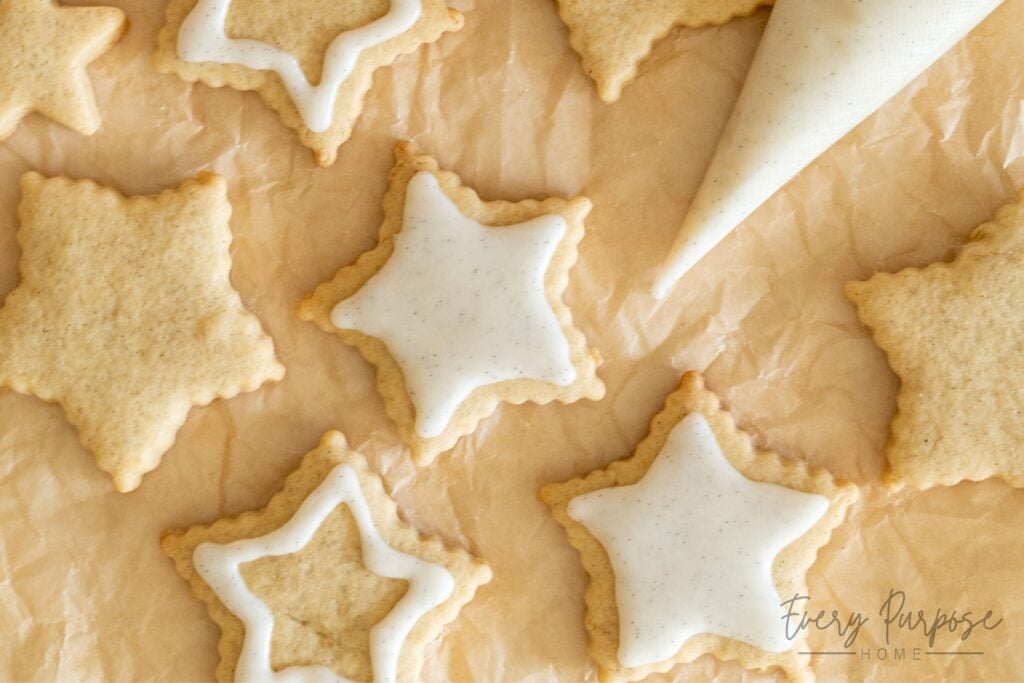 sourdough sugar cookies cut out shapes with vanilla bean icing