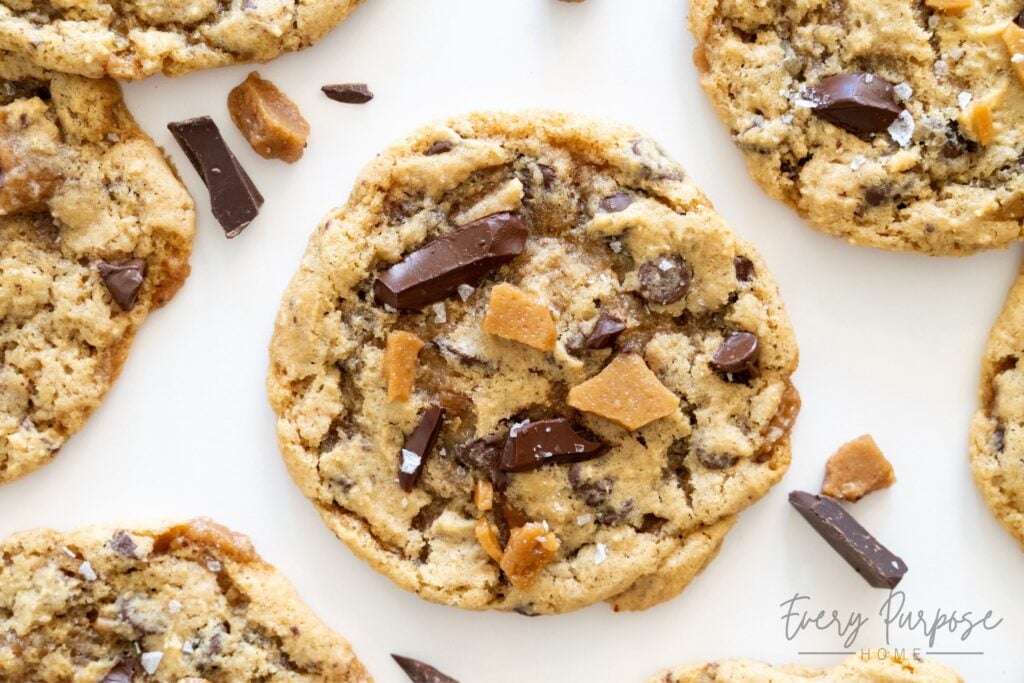 Sourdough toffee chocolate chip cookies made with brown butter