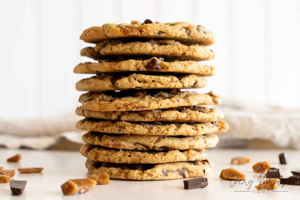 stack of sourdough brown butter toffee chocolate chip cookies