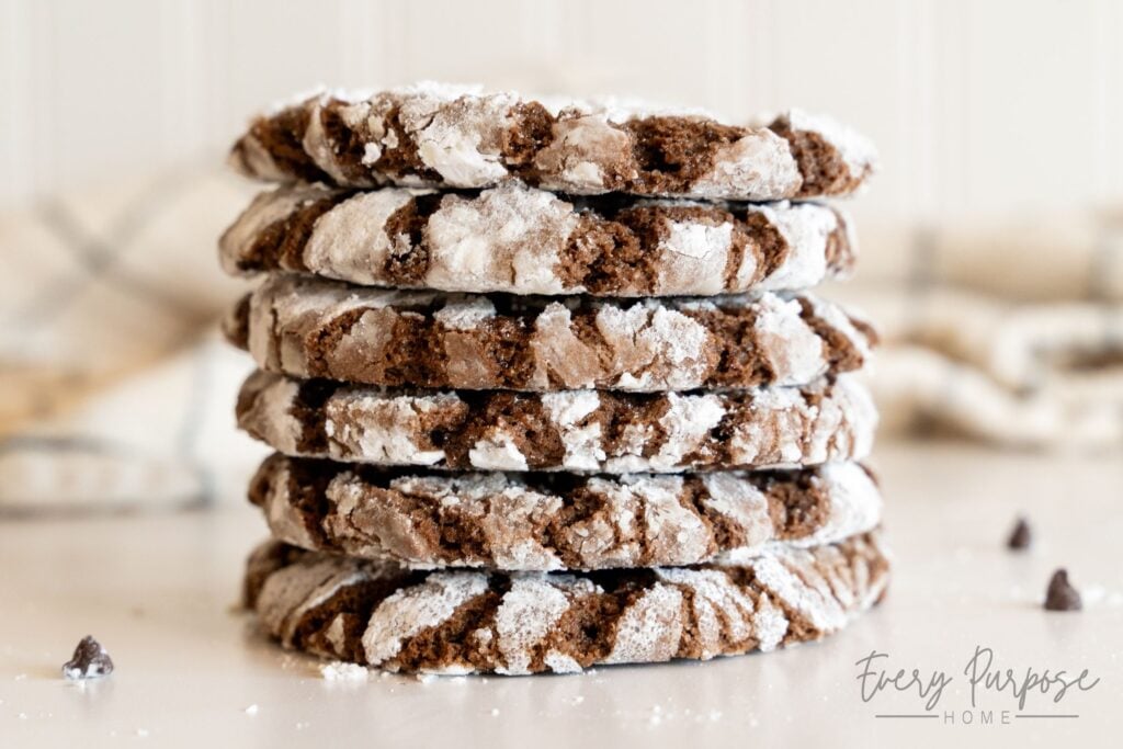 stack of sourdough chocolate crinkle cookies