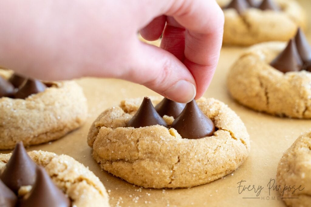 add Hersheys kisses to sourdough peanut butter kiss cookies
