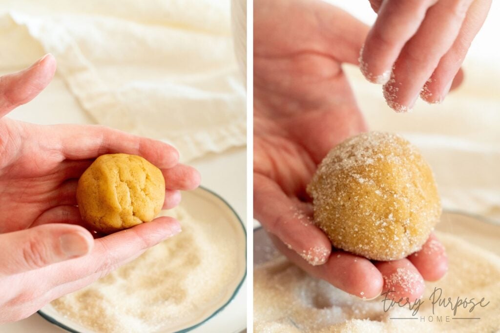 rolling sourdough peanut butter cookies in sugar