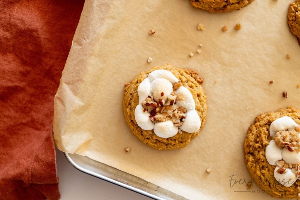 sourdough sweet potato cookies with gooey marshmallows and crunchy pecan crumble