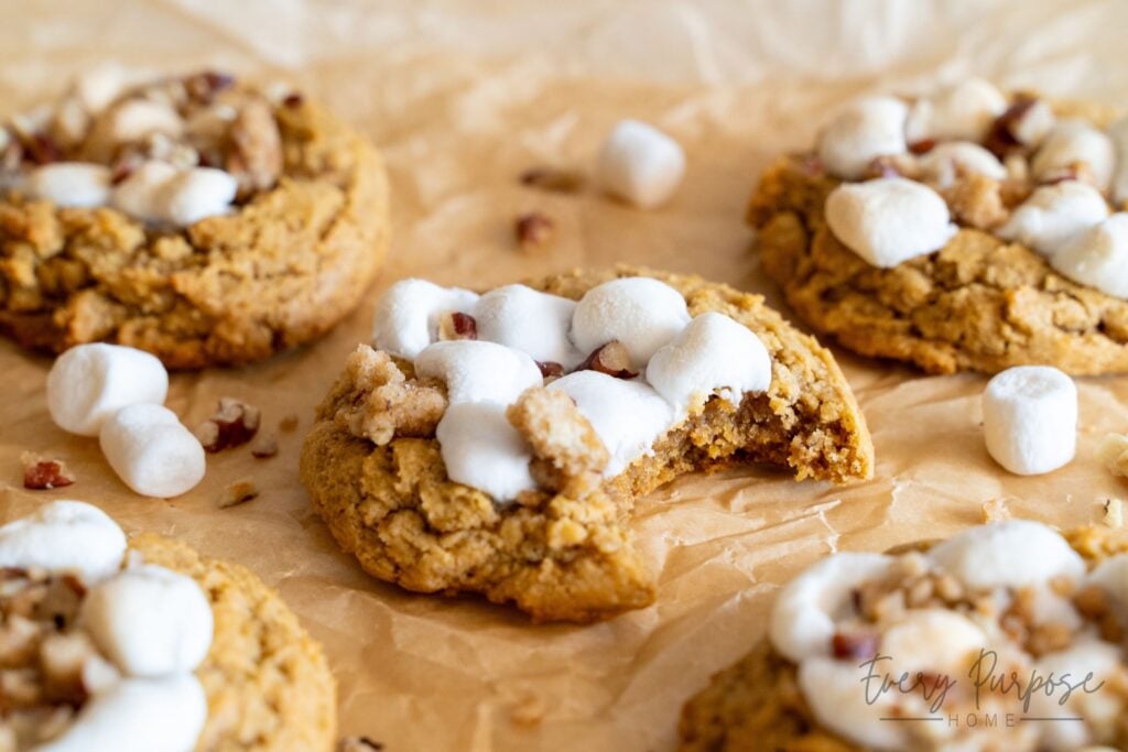 sourdough sweet potato cookies with marshmallows and pecan streusel