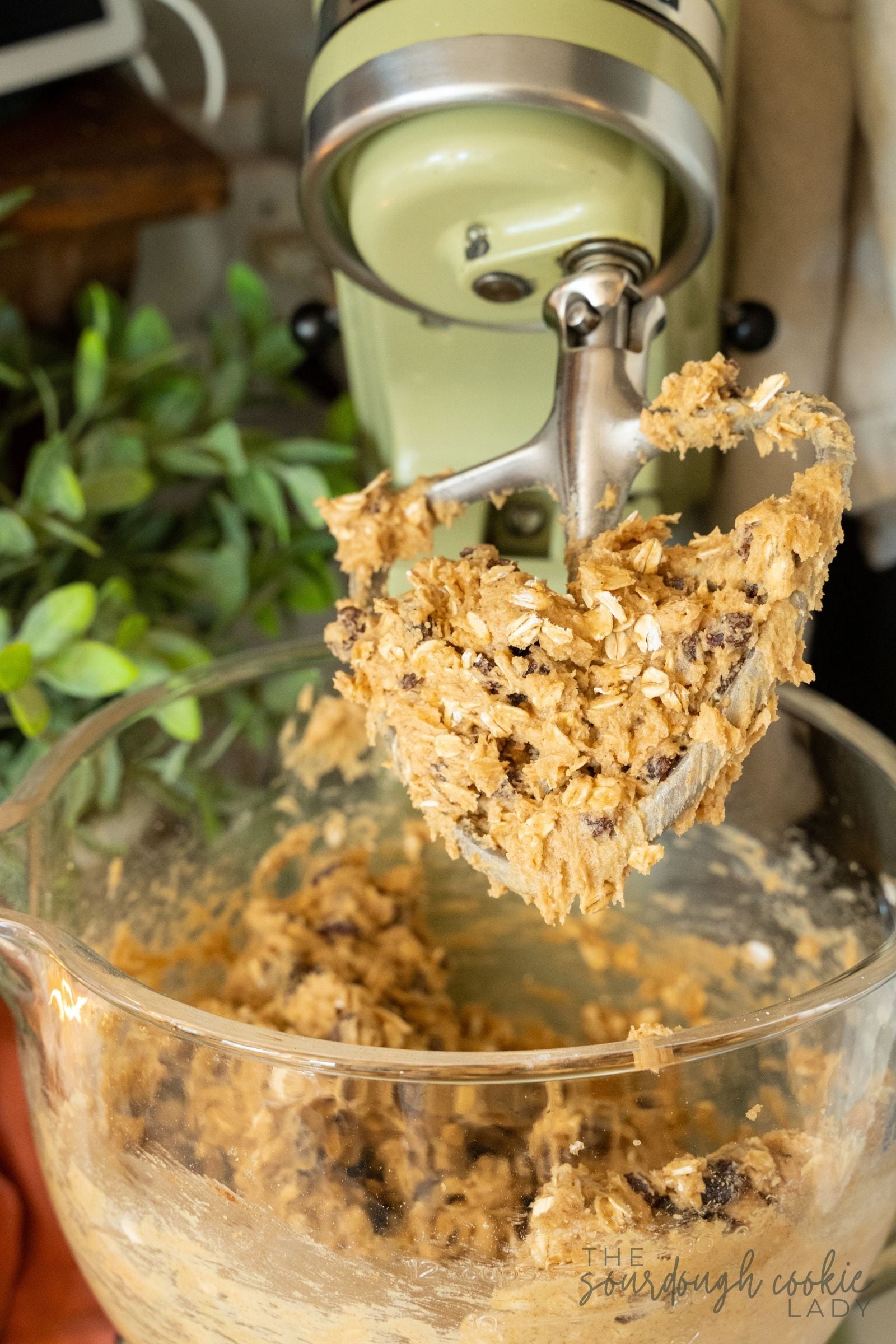oatmeal raisin cookie dough in a stand mixer