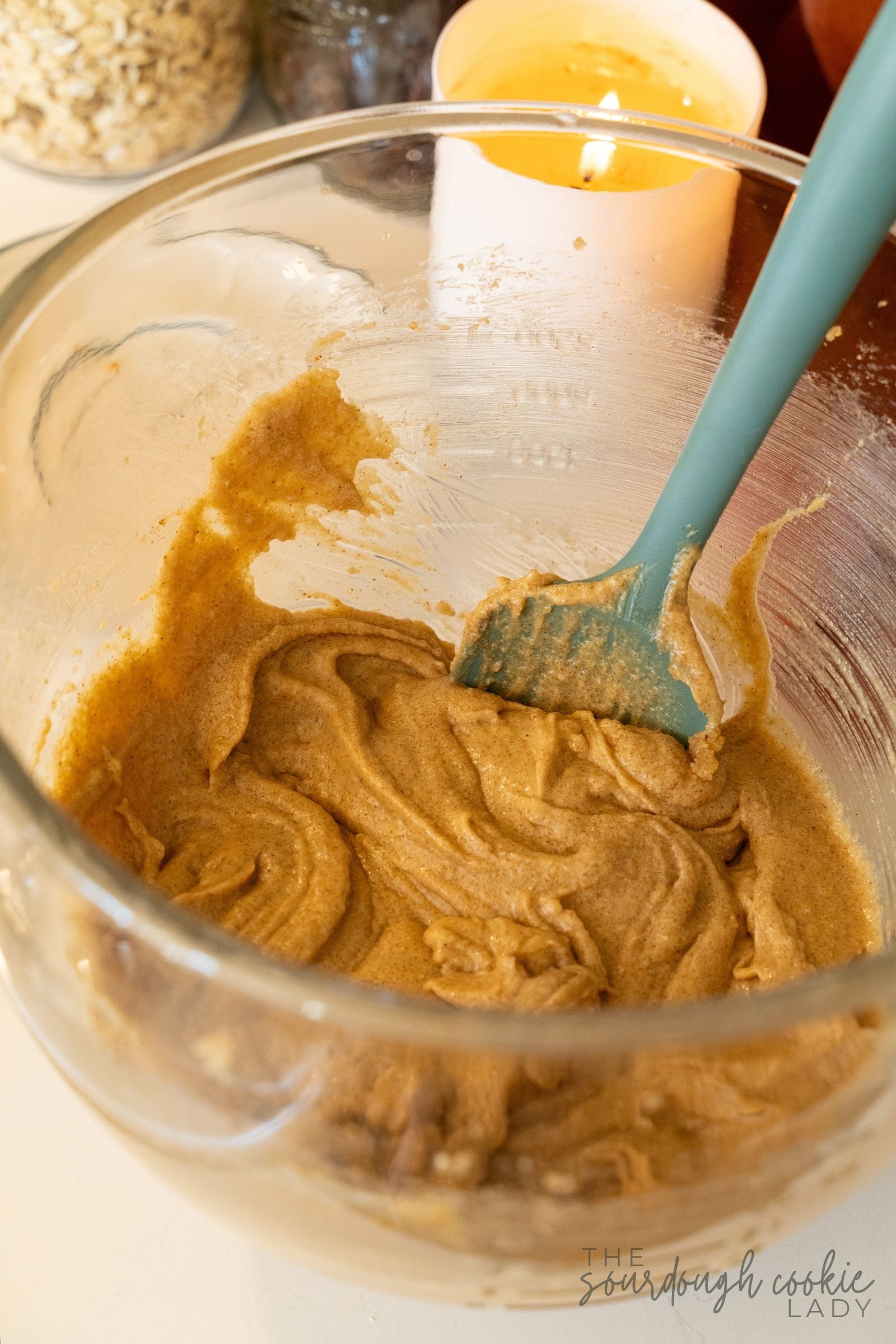 sourdough oatmeal cookie dough adding wet ingredients step