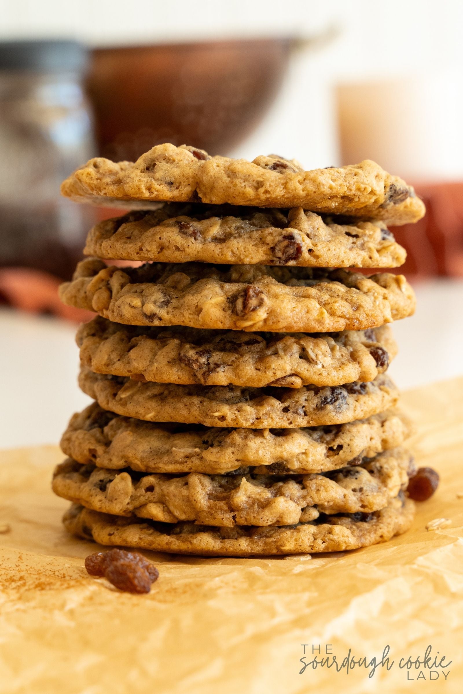 sourdough oatmeal raisin cookies in a stack
