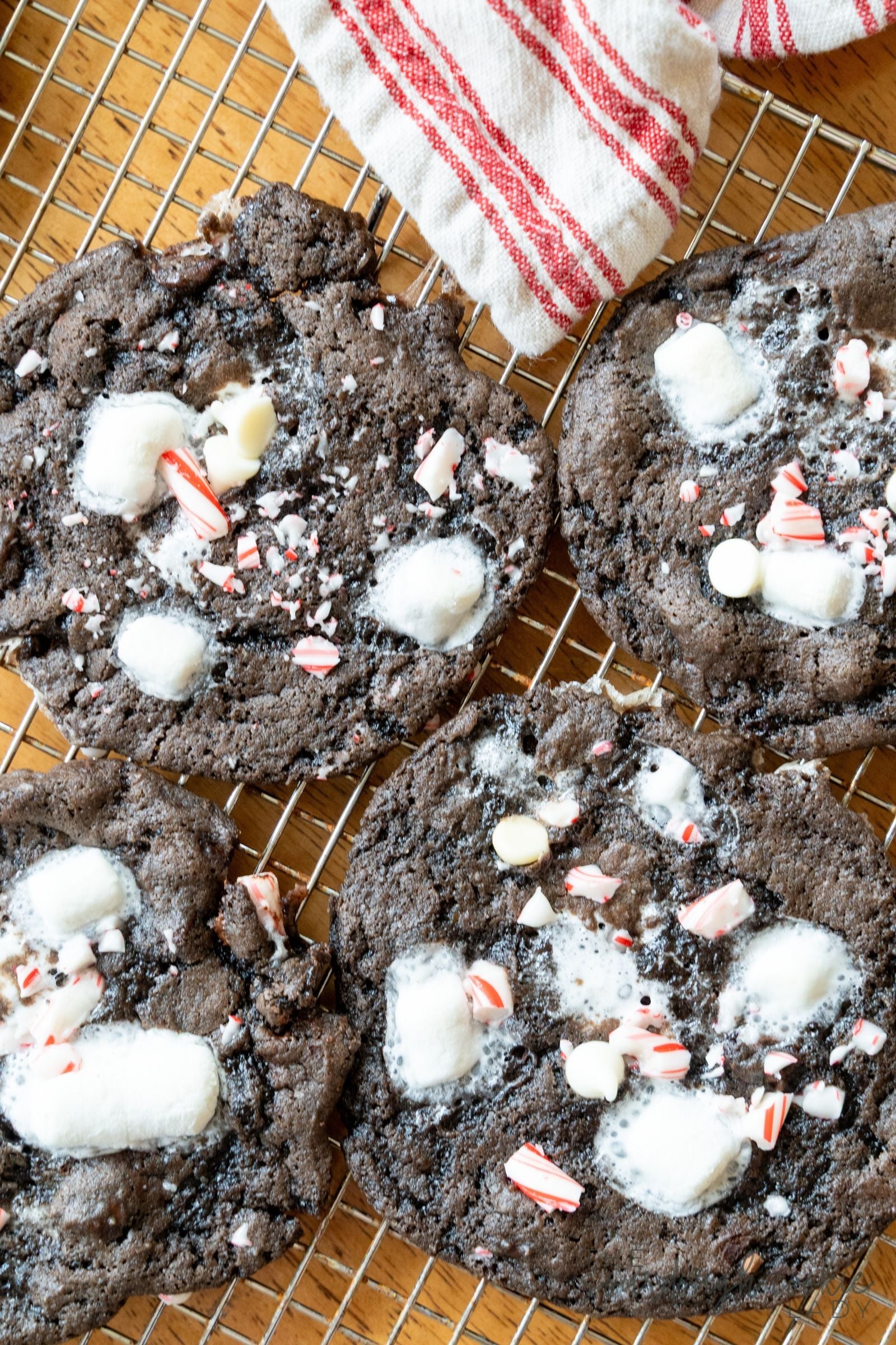 Sourdough peppermint hot cocoa cookies cooling on a wire rack beside a red-striped kitchen towel.