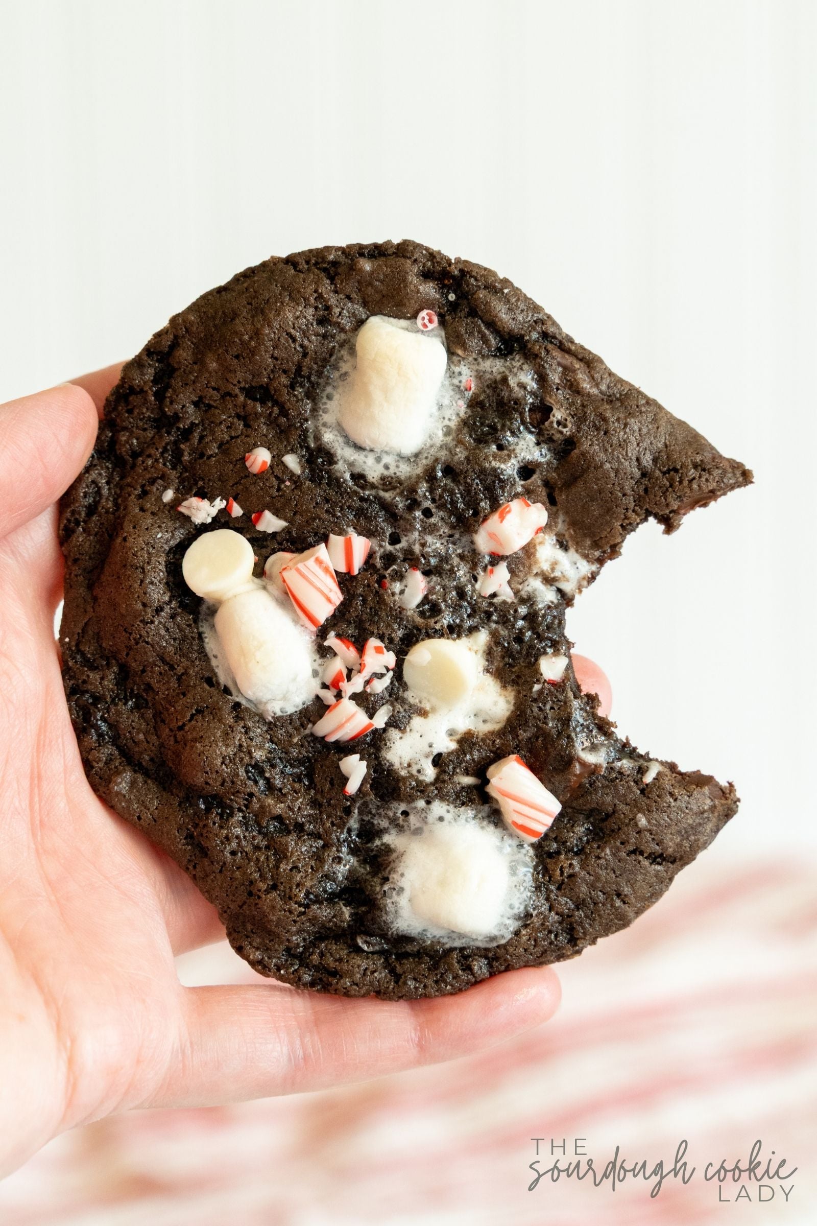 Hand holding a bitten sourdough peppermint hot cocoa cookie topped with marshmallows and crushed peppermint.