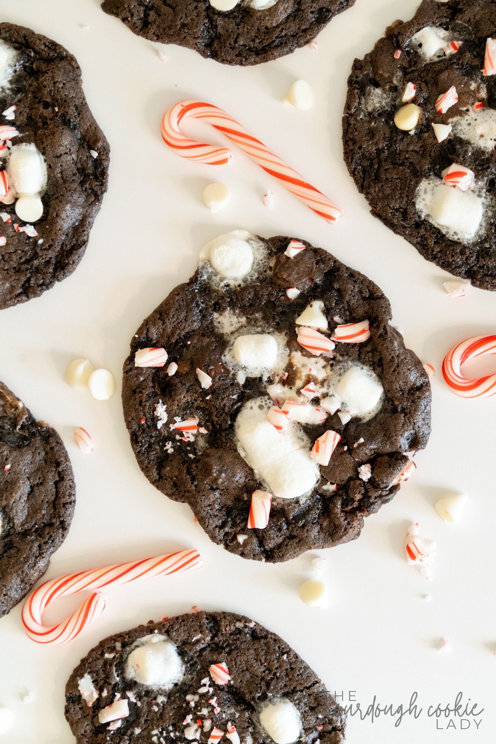 Overhead view of sourdough peppermint hot cocoa cookies with marshmallows, crushed peppermint, and mini candy canes.